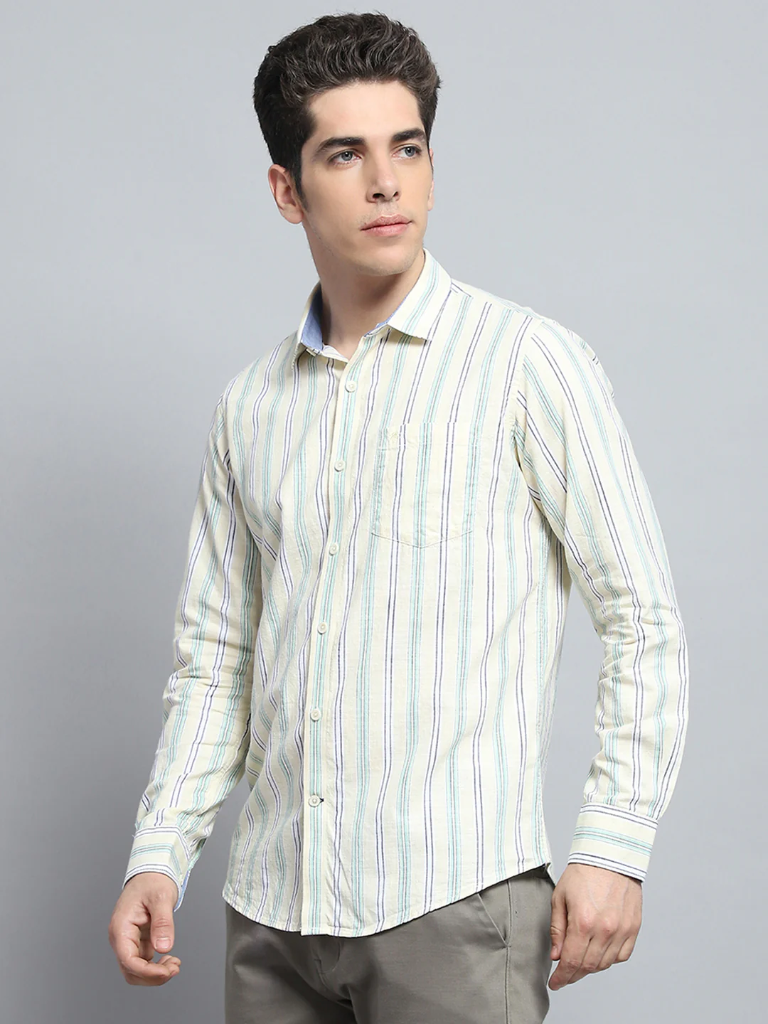 Men Yellow Stripe Collar Full Sleeve Shirt - Image 3