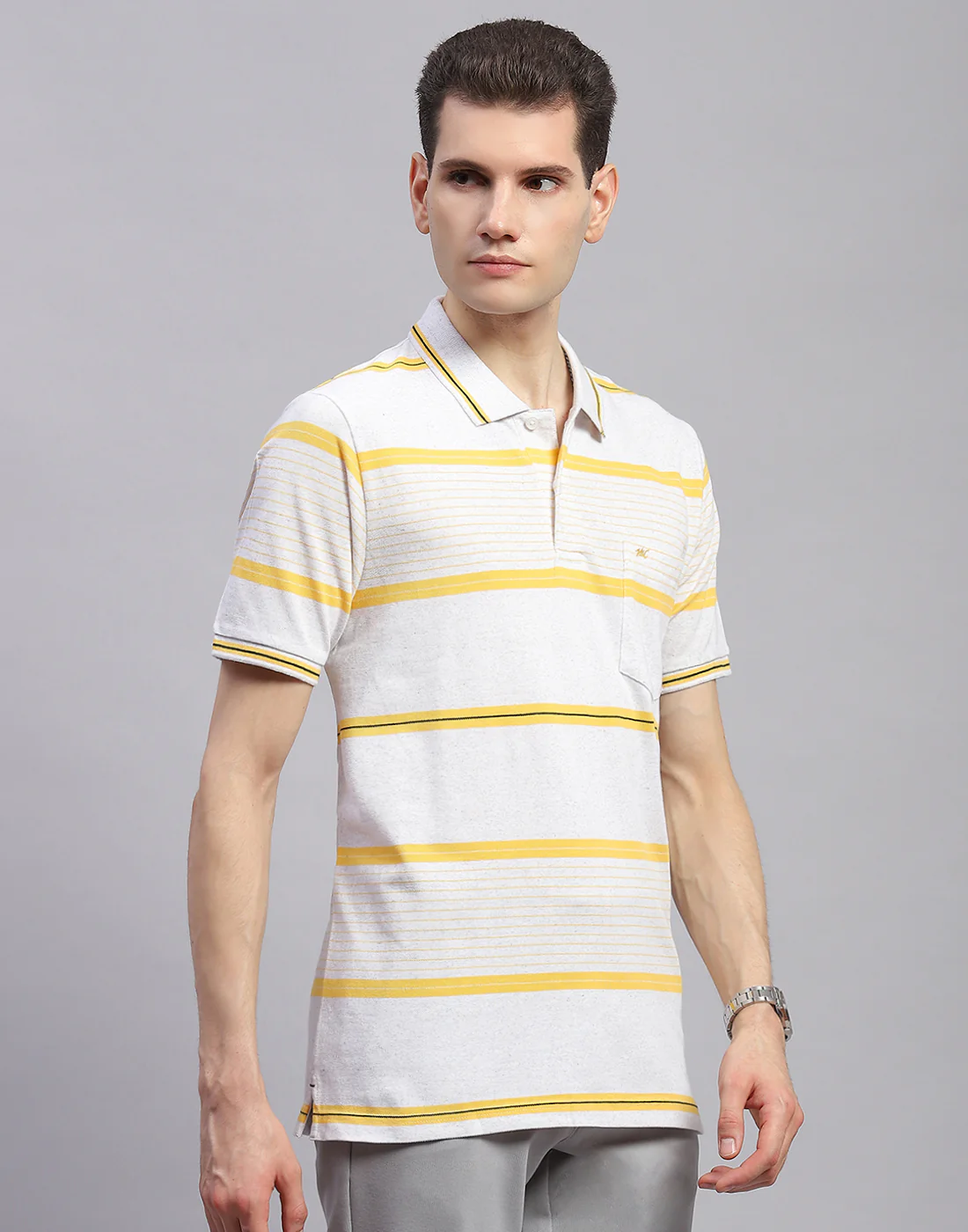 Men Yellow Stripe Collar Half Sleeve T-Shirt - Image 4