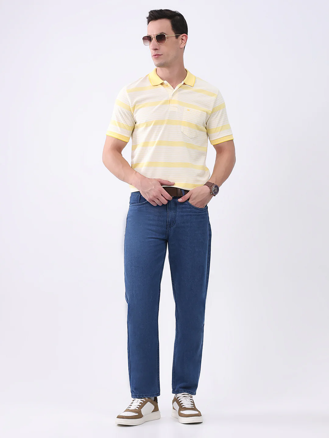 Men Yellow Stripe Collar Half Sleeve T-Shirt - Image 2