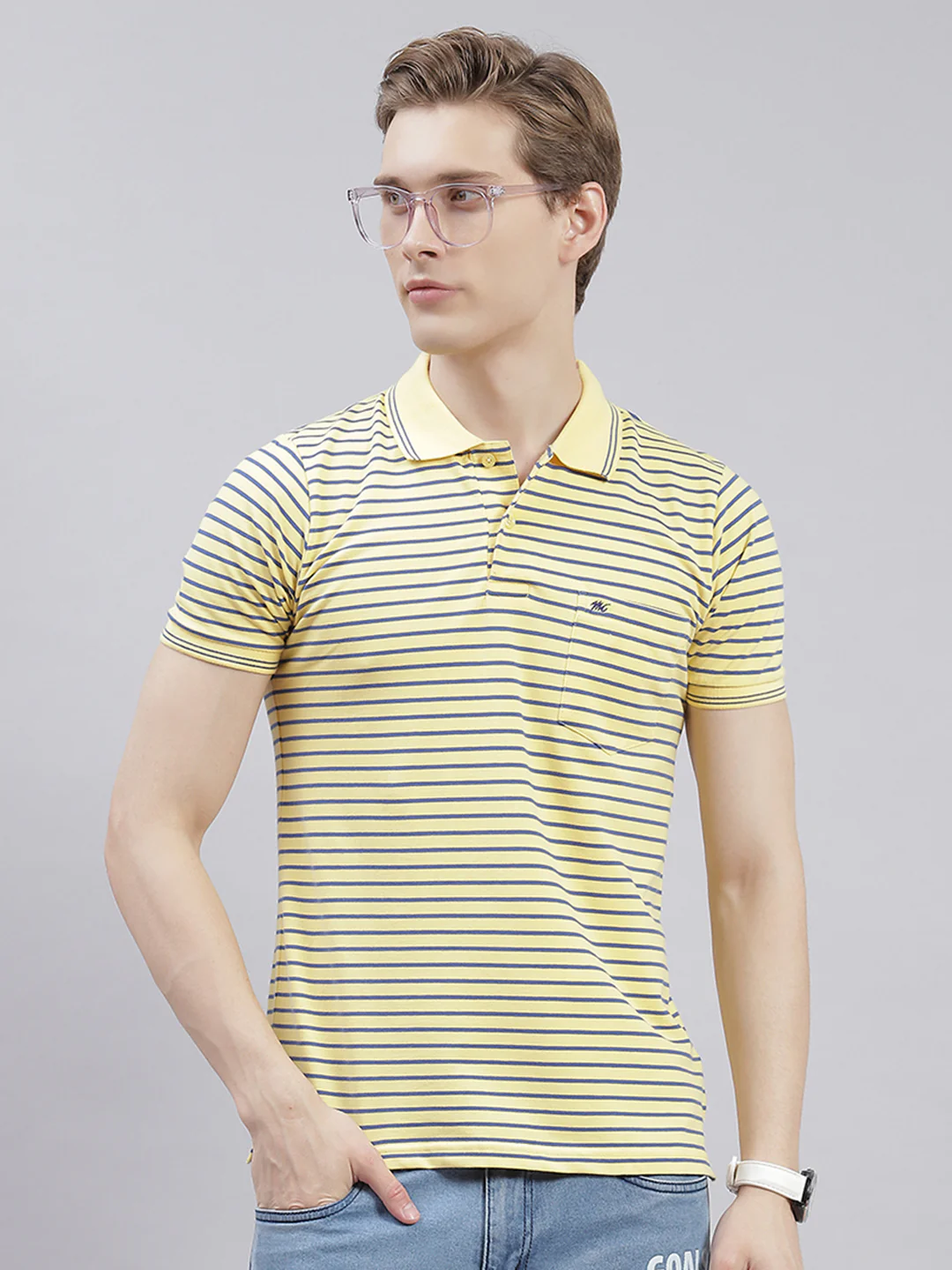 Men Yellow Stripe Collar Half Sleeve T-Shirts - Image 2
