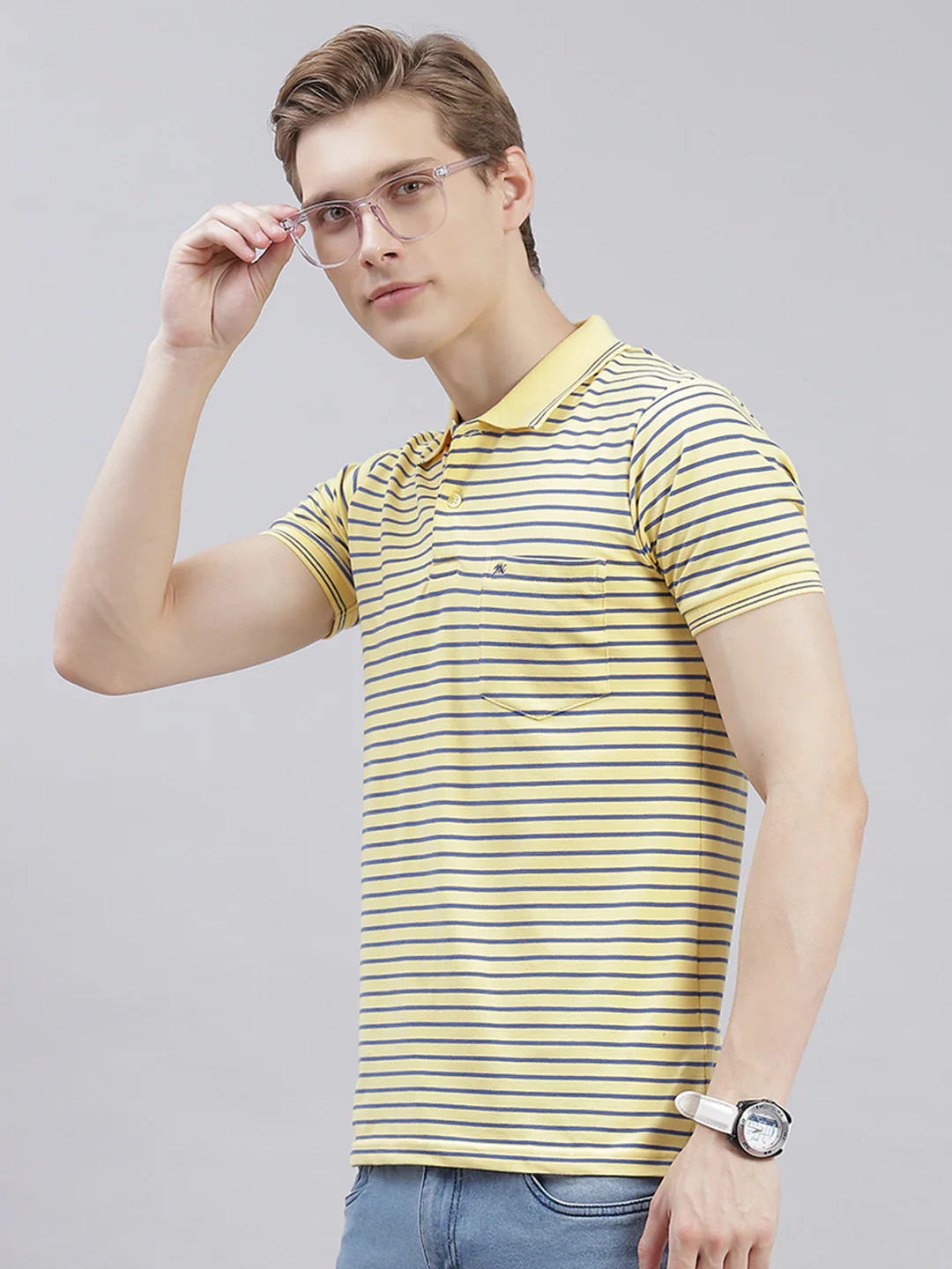 Men Yellow Stripe Collar Half Sleeve T-Shirts - Image 3