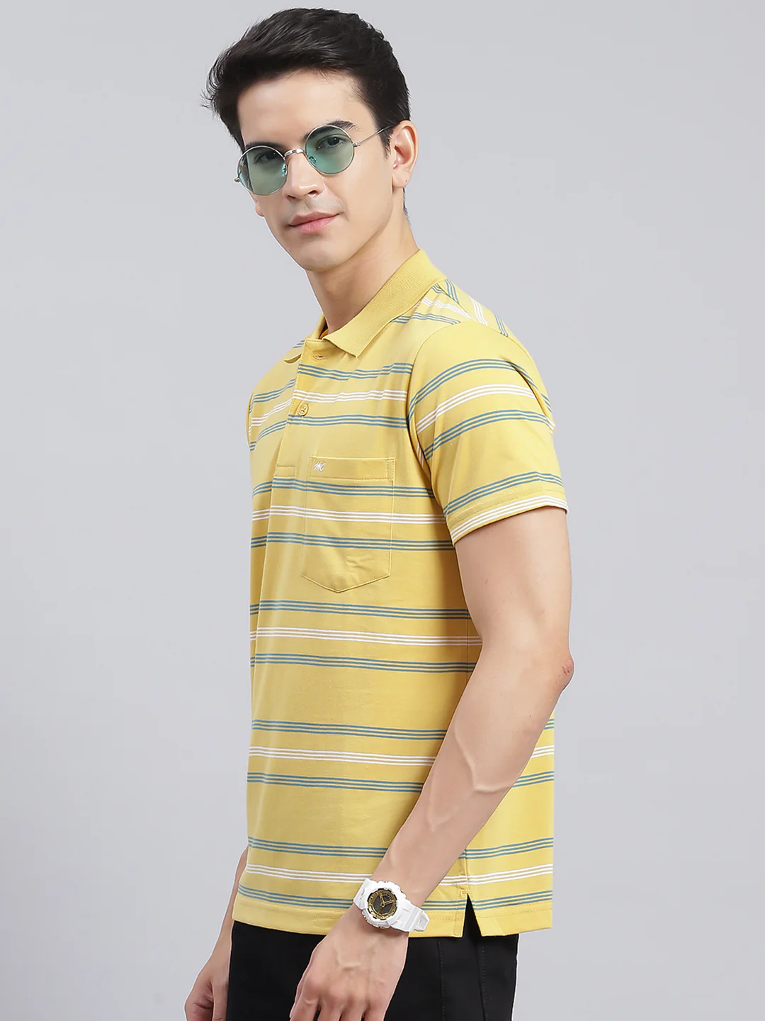 Men Yellow Stripe Cotton Blend T-Shirt - Image 4