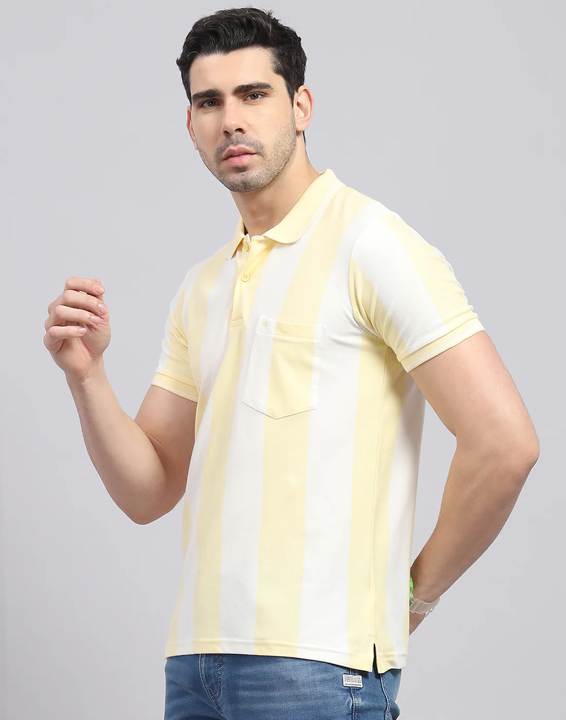 Men Yellow Stripe Polo Collar Half Sleeve T-Shirt - Image 4
