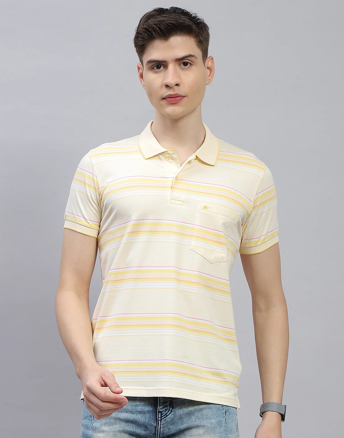 Men Yellow Stripe Polo Collar Half Sleeve T-Shirt - Image 3