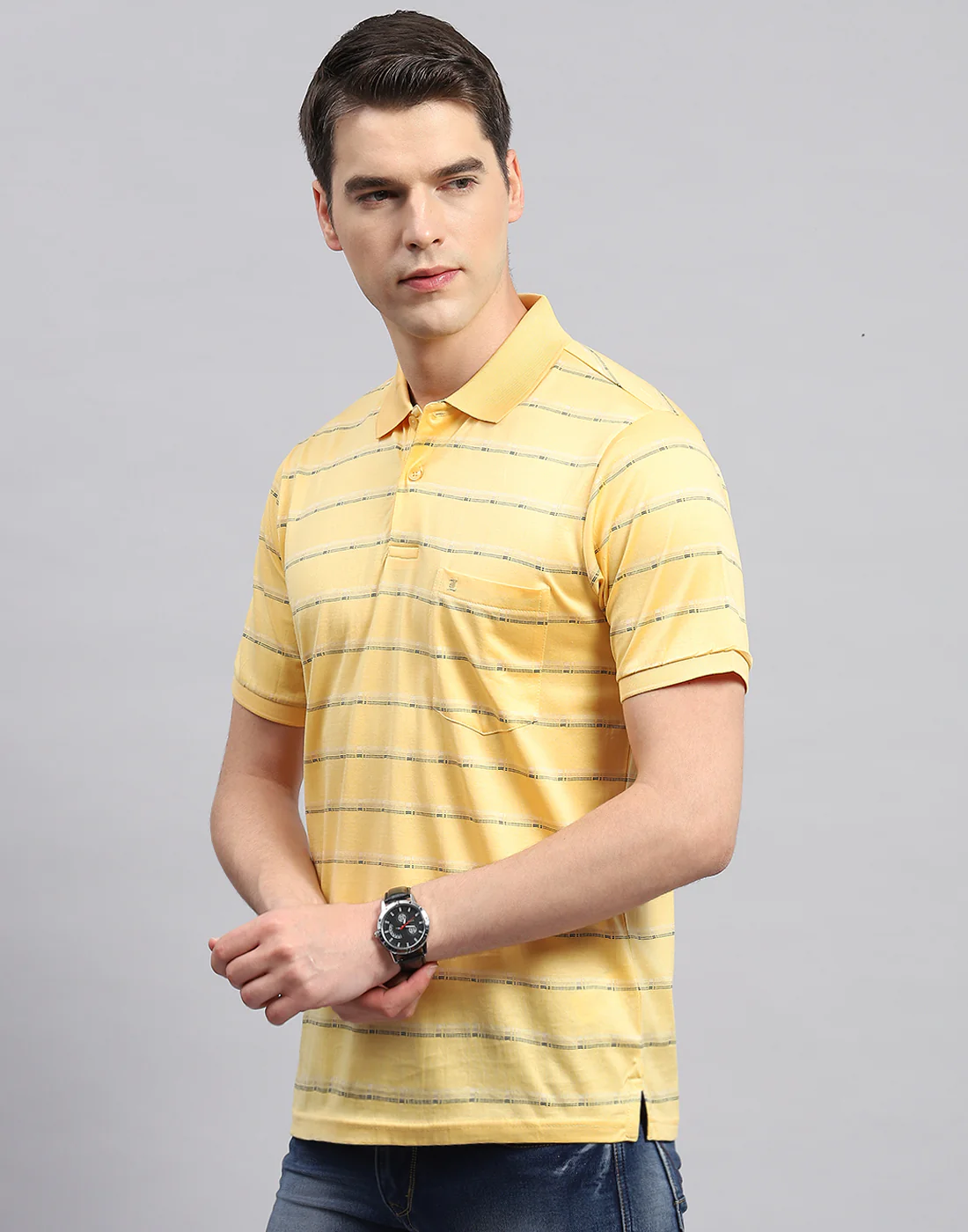 Men Yellow Stripe Polo Collar Half Sleeve T-Shirt - Image 3
