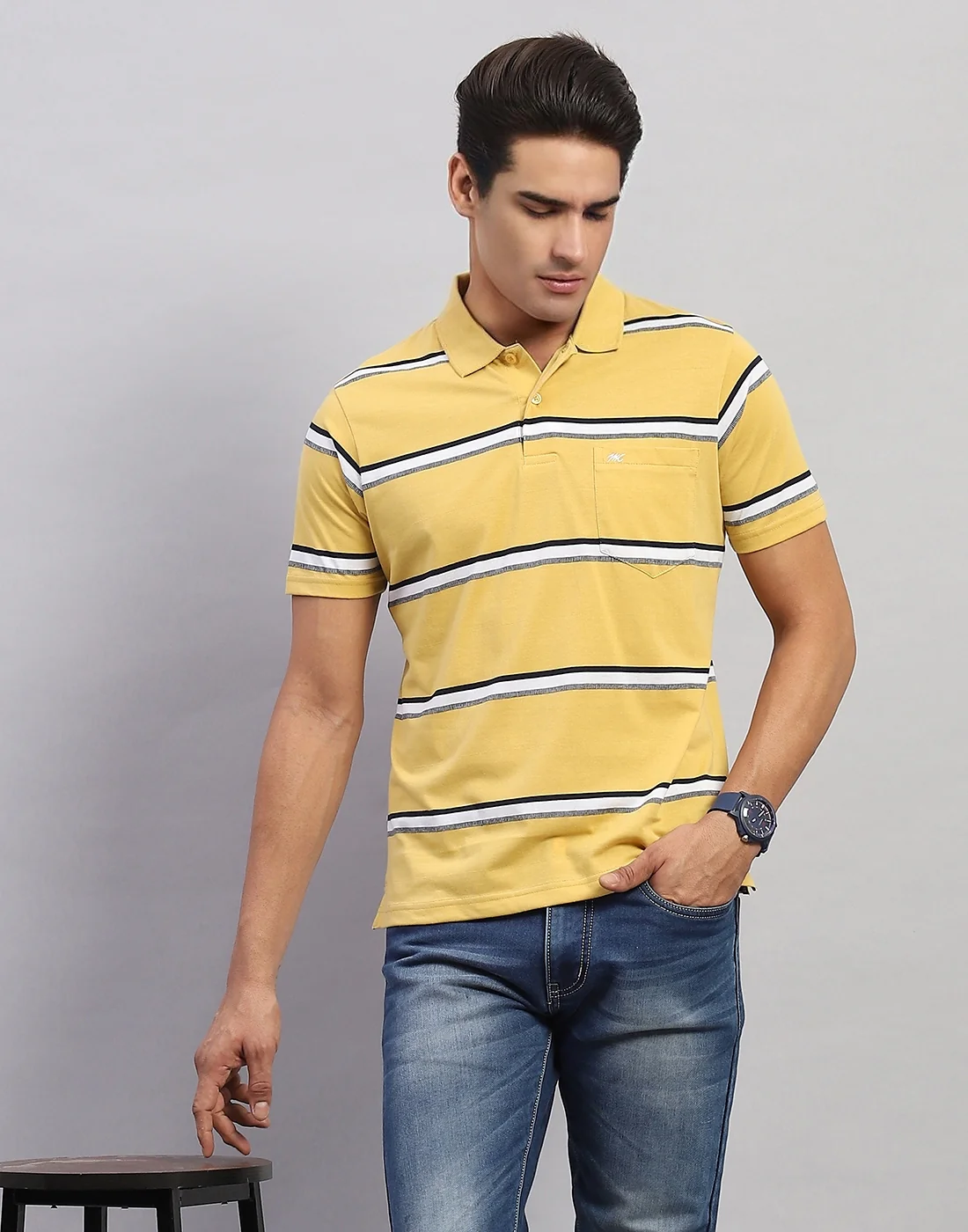 Men Yellow Stripe Polo Collar Half Sleeve T-Shirt - Image 6