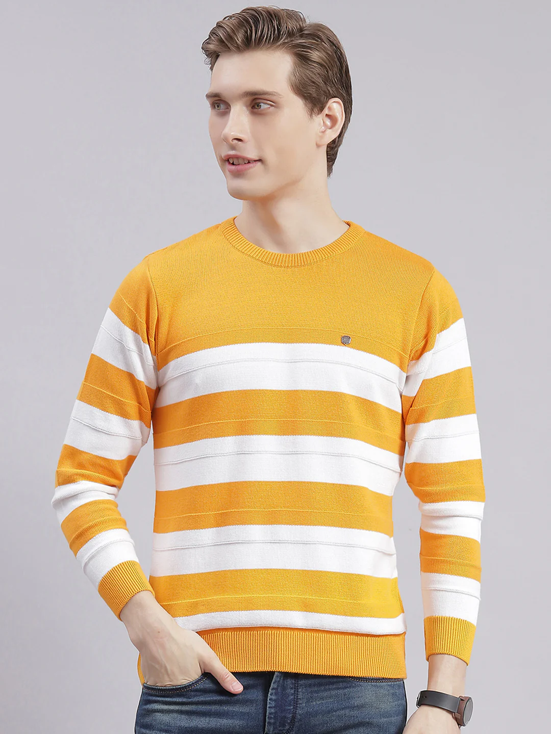 Men Yellow Stripe Round Neck Full Sleeve Sweaters/Pullovers - Image 3