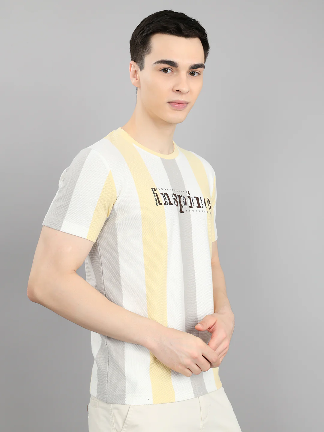 Men Yellow Stripe Round Neck Half Sleeve T-Shirt - Image 3