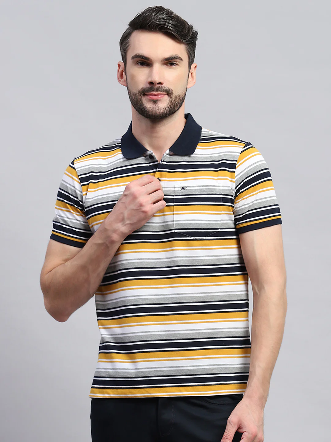 Men Yellow & White Stripe Collar Half Sleeve T-Shirt - Image 2