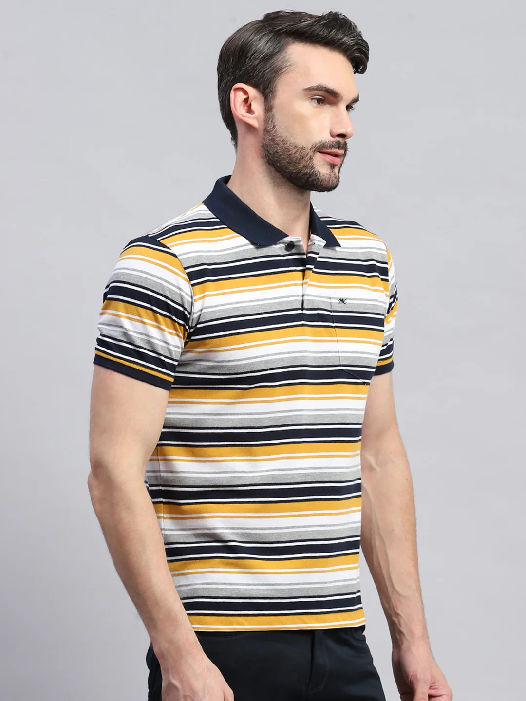 Men Yellow & White Stripe Collar Half Sleeve T-Shirt - Image 4