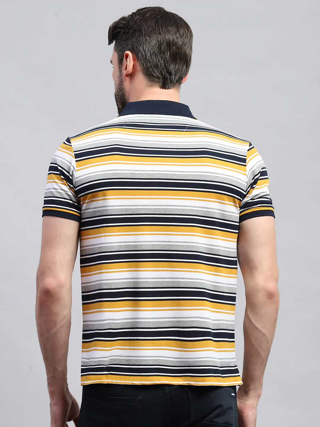 Men Yellow & White Stripe Collar Half Sleeve T-Shirt - Image 5