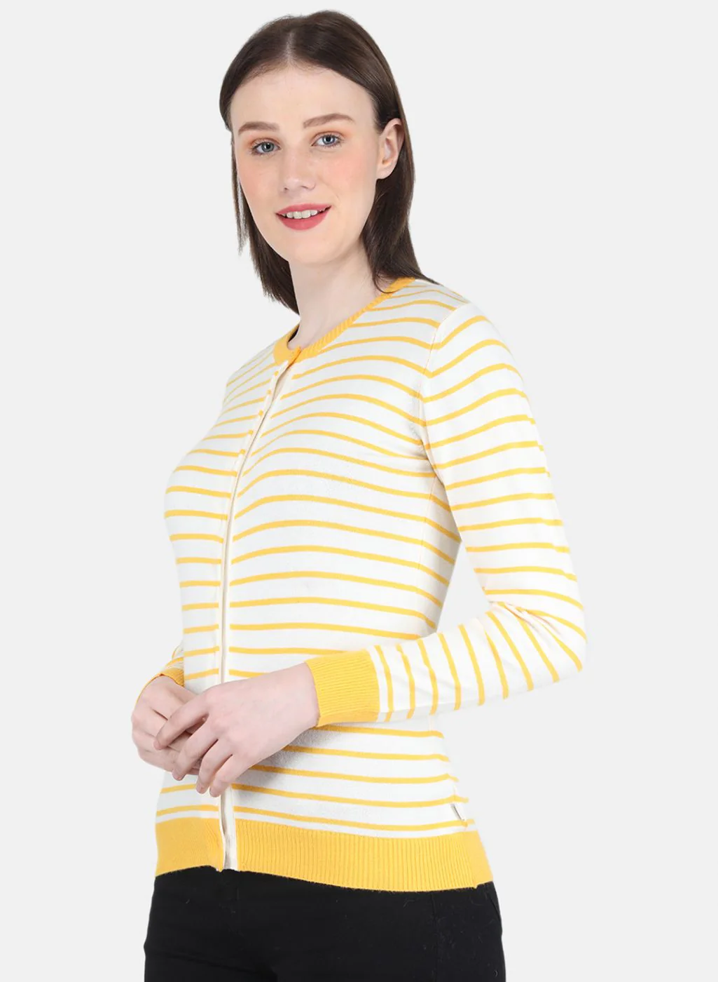 Women Yellow Self Design Cardigan - Image 2
