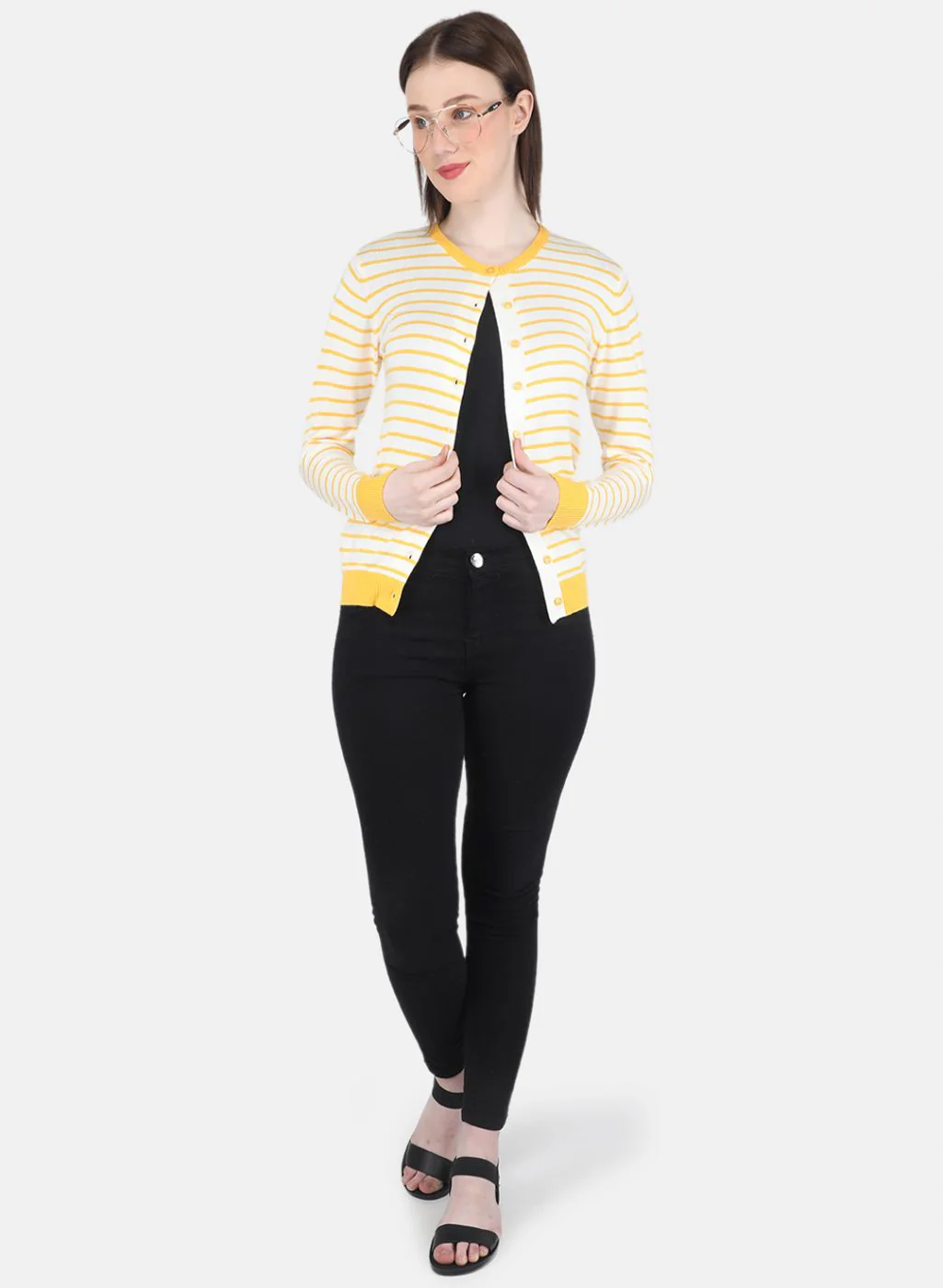 Women Yellow Self Design Cardigan - Image 4