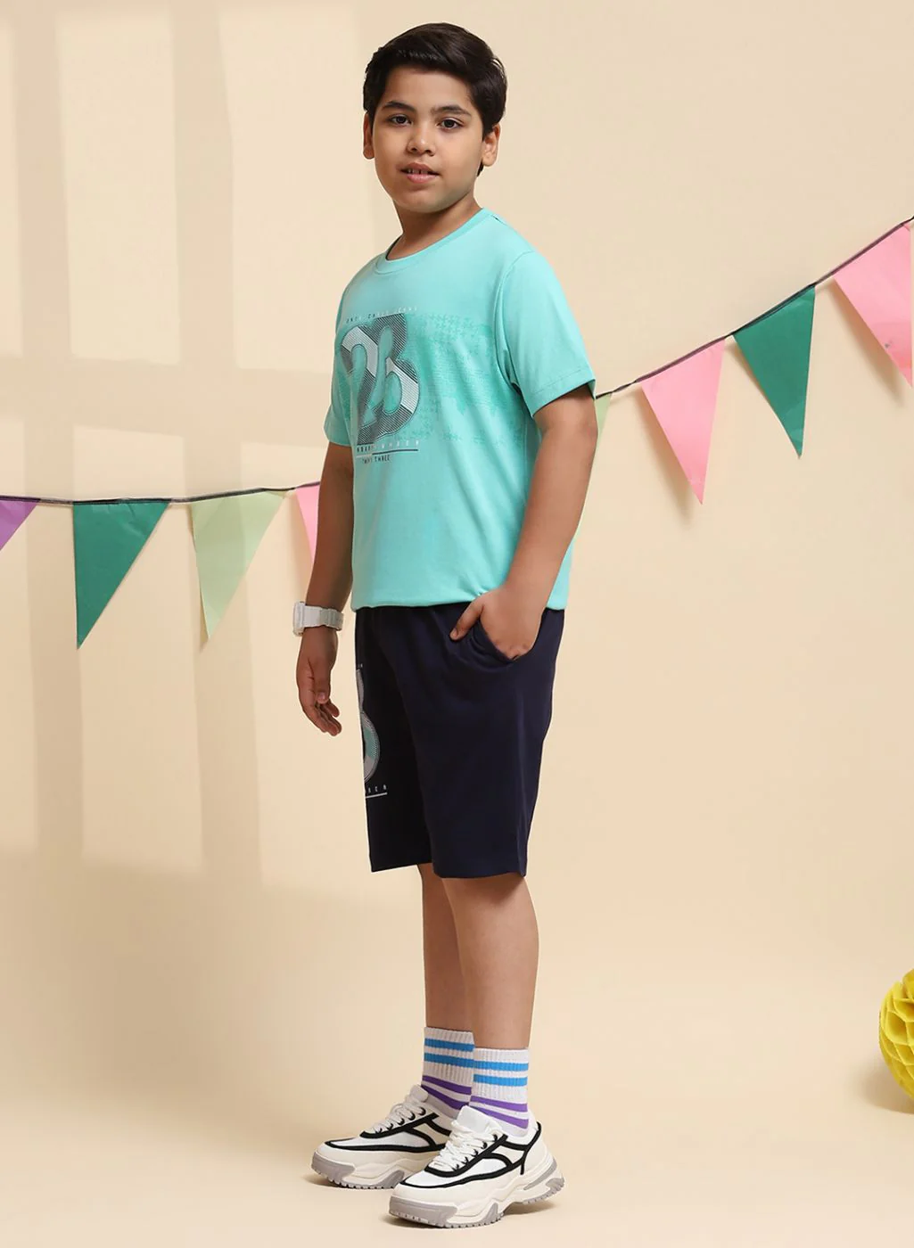 Boys Green & NAvy Blue Printed Bermuda Set - Image 3