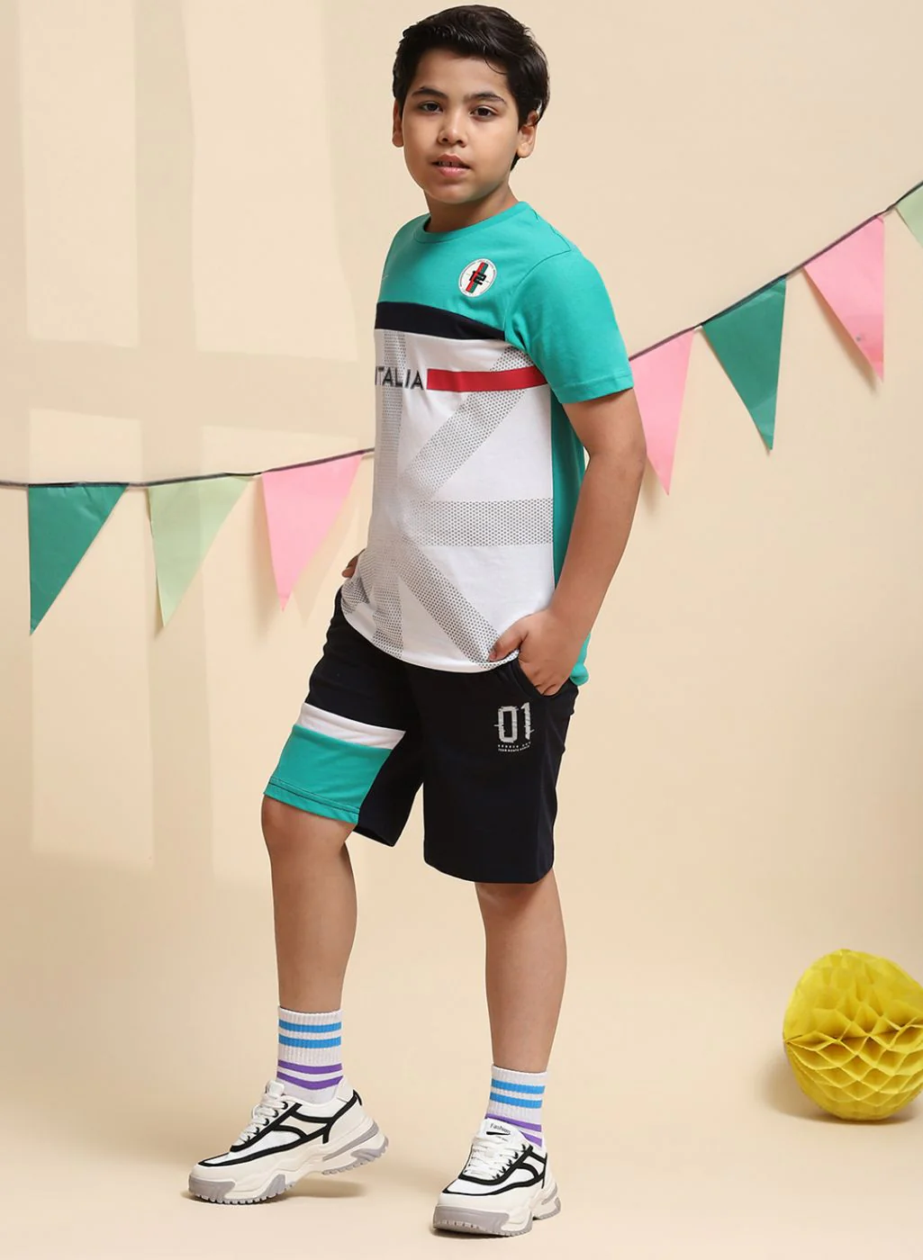 Boys Green & NAvy Blue Printed Bermuda Set - Image 3