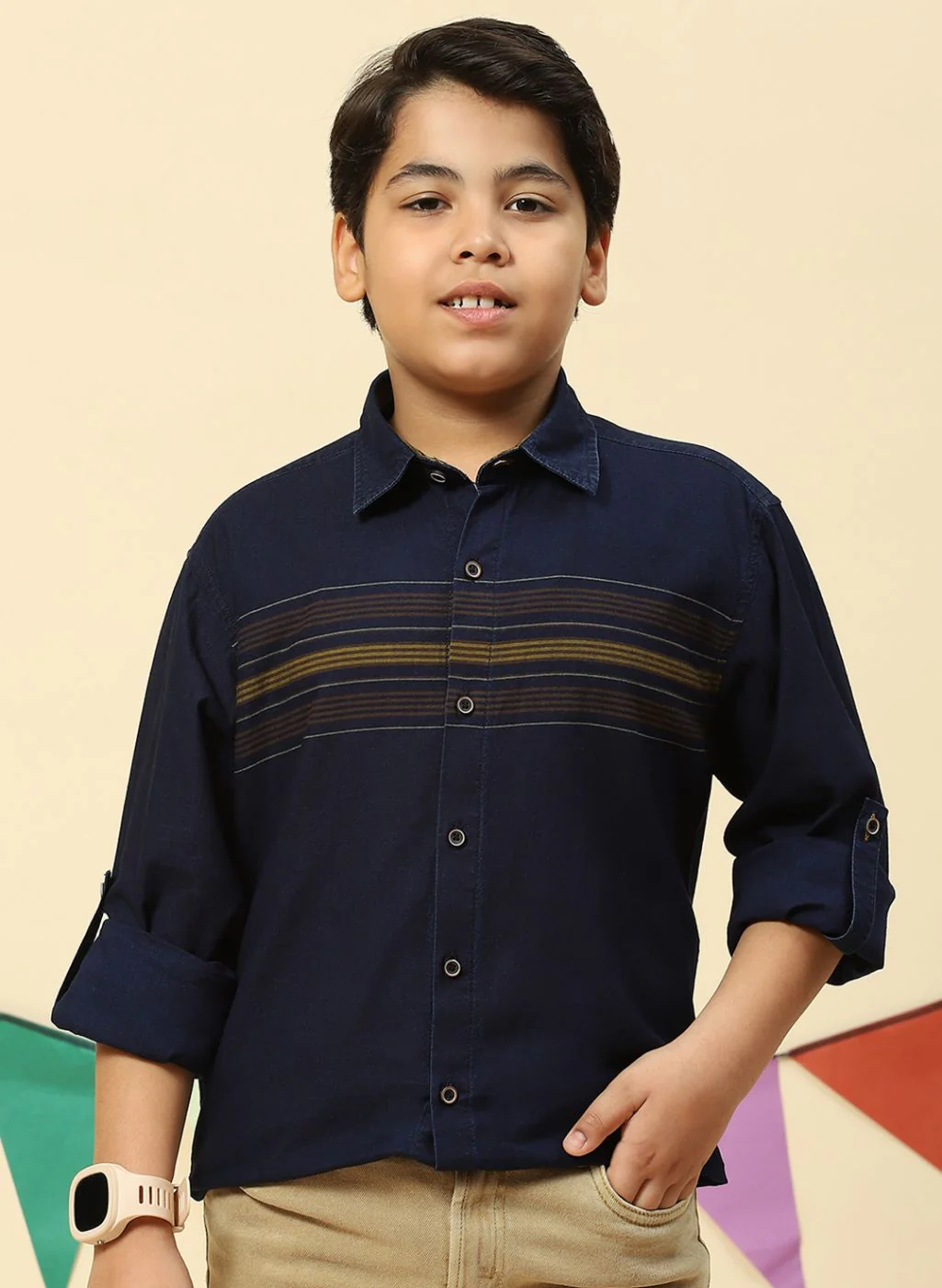 Boys Mustard & NAvy Blue Stripe Shirt - Image 2