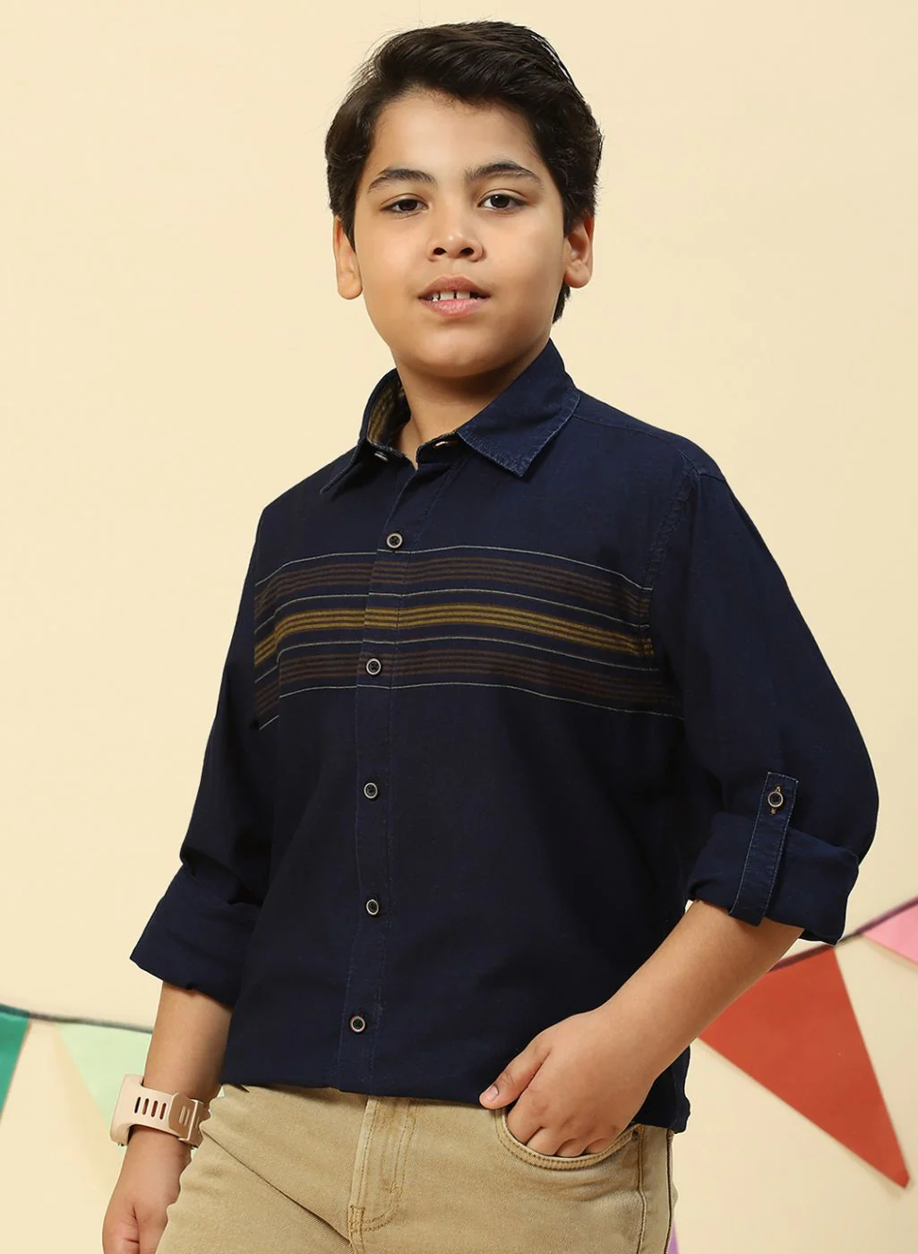 Boys Mustard & NAvy Blue Stripe Shirt - Image 3