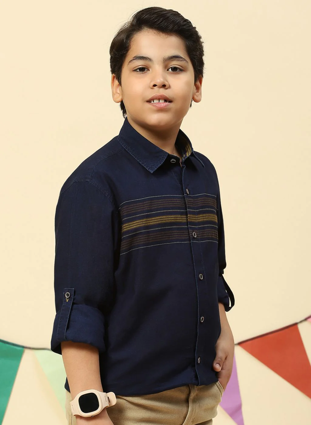 Boys Mustard & NAvy Blue Stripe Shirt - Image 4