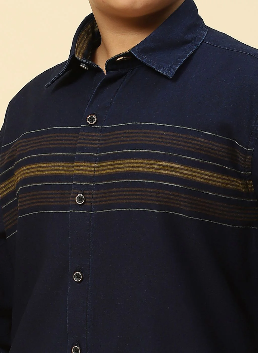 Boys Mustard & NAvy Blue Stripe Shirt - Image 6