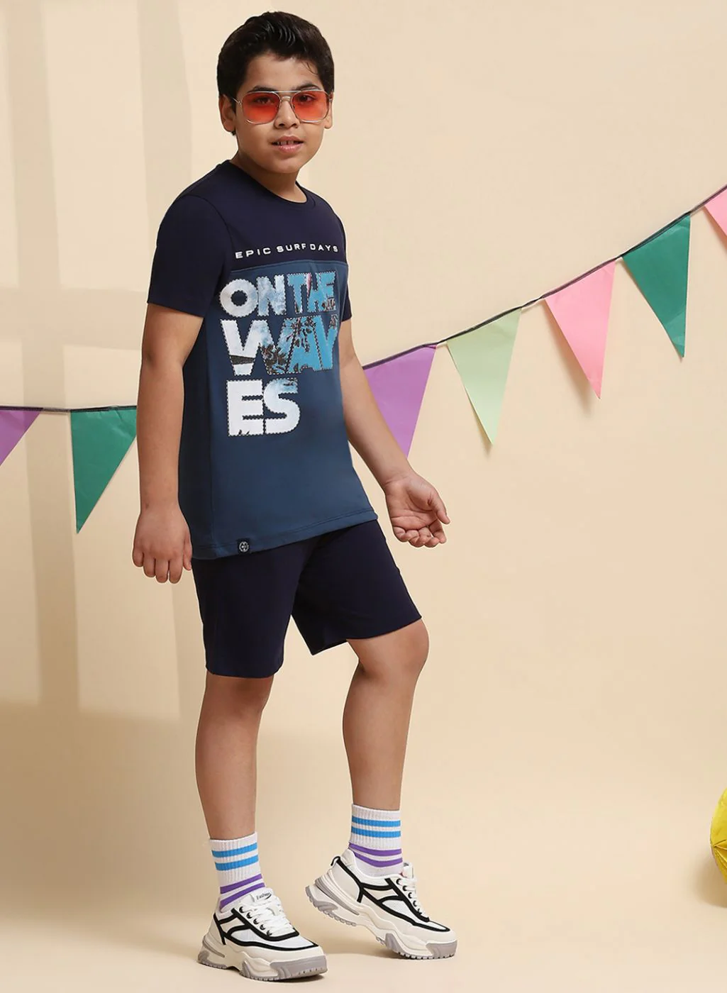 Boys NAvy Blue Printed Bermuda Set - Image 4
