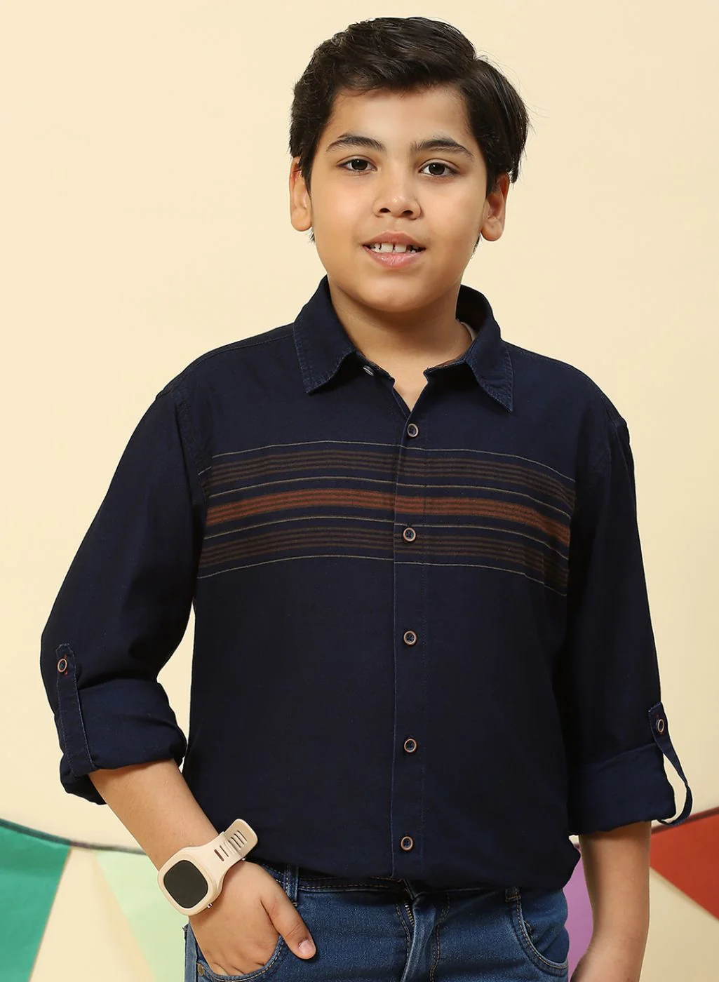 Boys Orange & NAvy Blue Stripe Shirt - Image 2