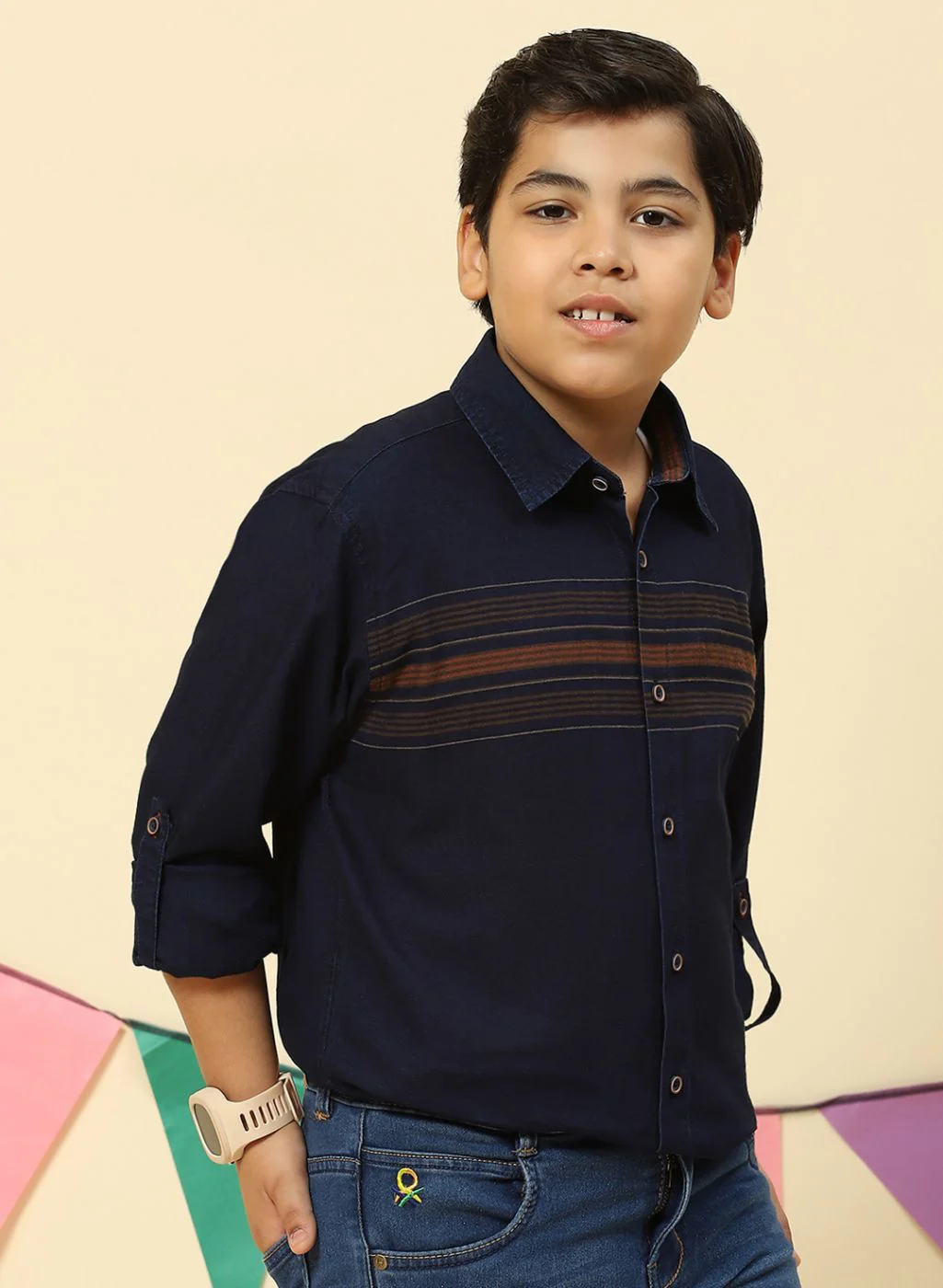 Boys Orange & NAvy Blue Stripe Shirt - Image 4