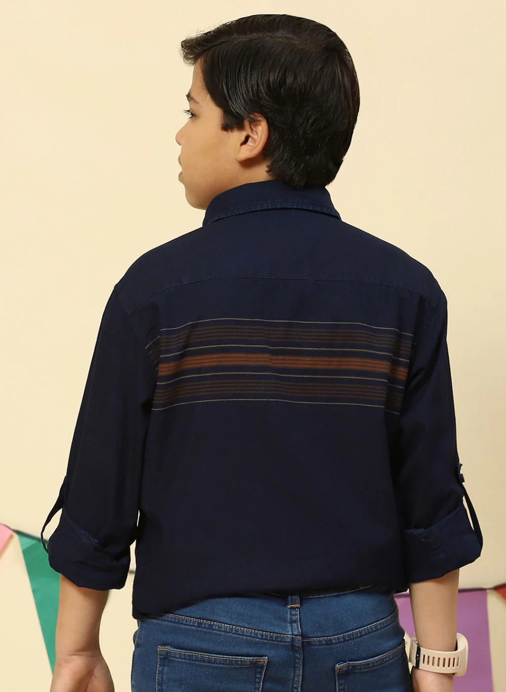 Boys Orange & NAvy Blue Stripe Shirt - Image 5