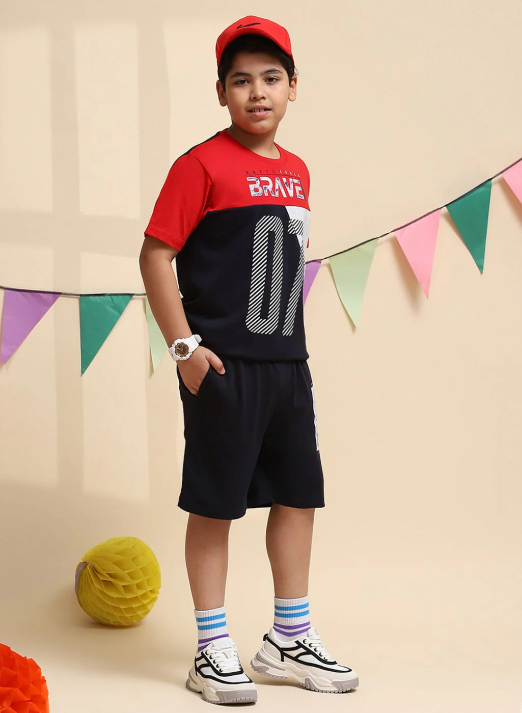 Boys Red & NAvy Blue Printed Bermuda Set - Image 4