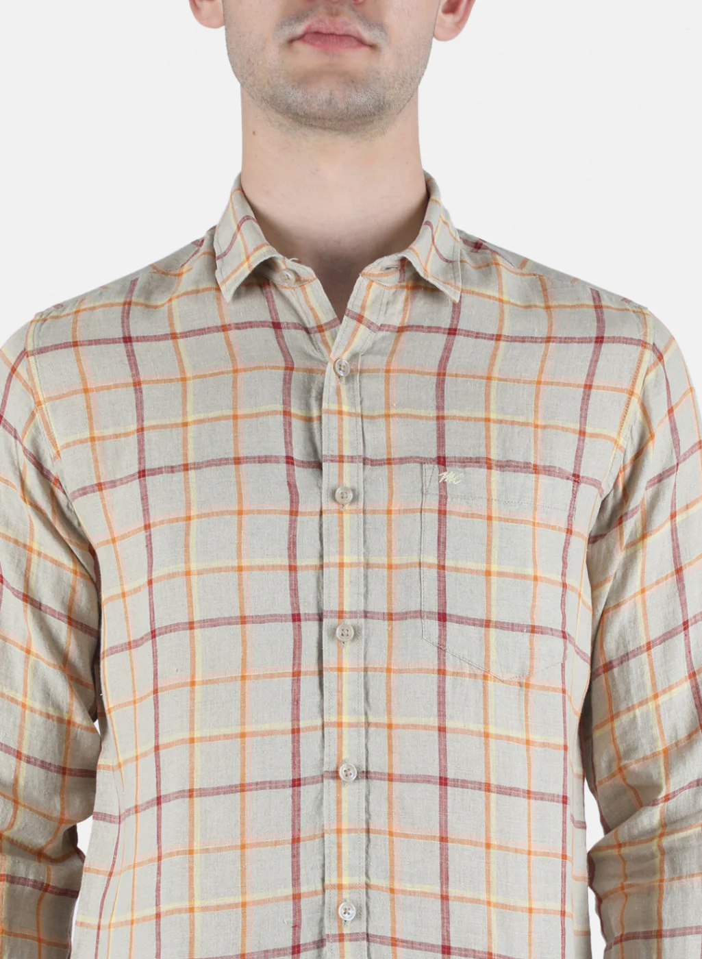 Men Beige Check Linen Shirt - Image 5