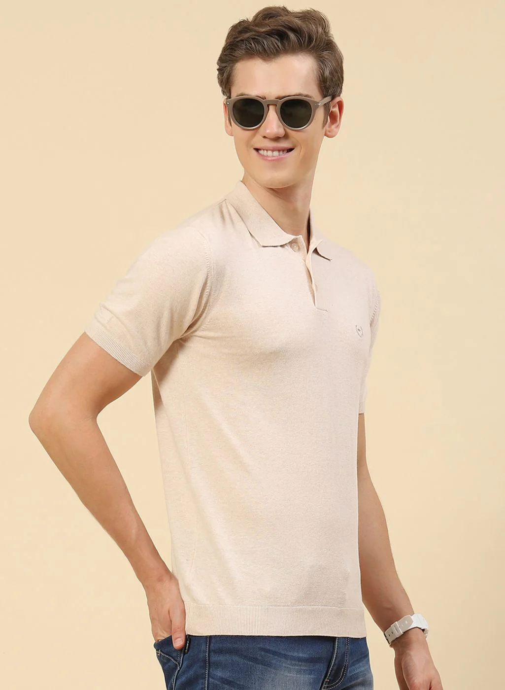 Men Beige Plain T-Shirt - Image 3
