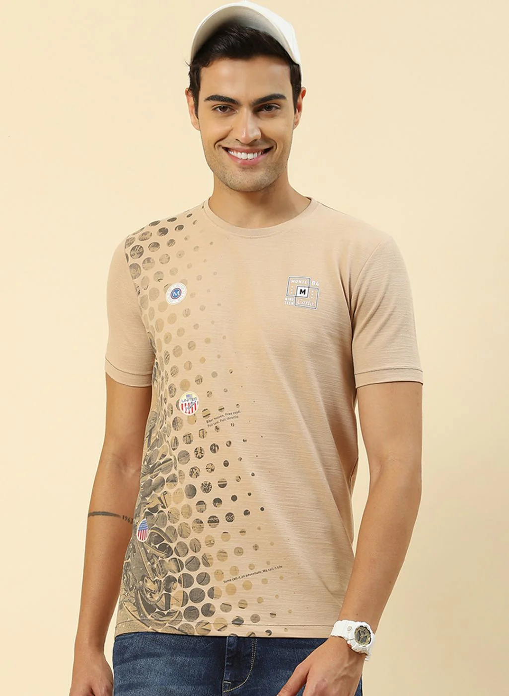 Men Beige Printed T-Shirt - Image 2
