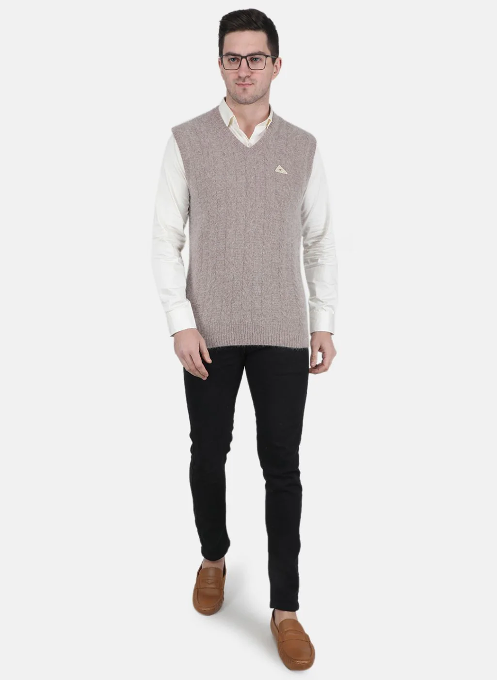 Men Beige Self Design Sweater - Image 4