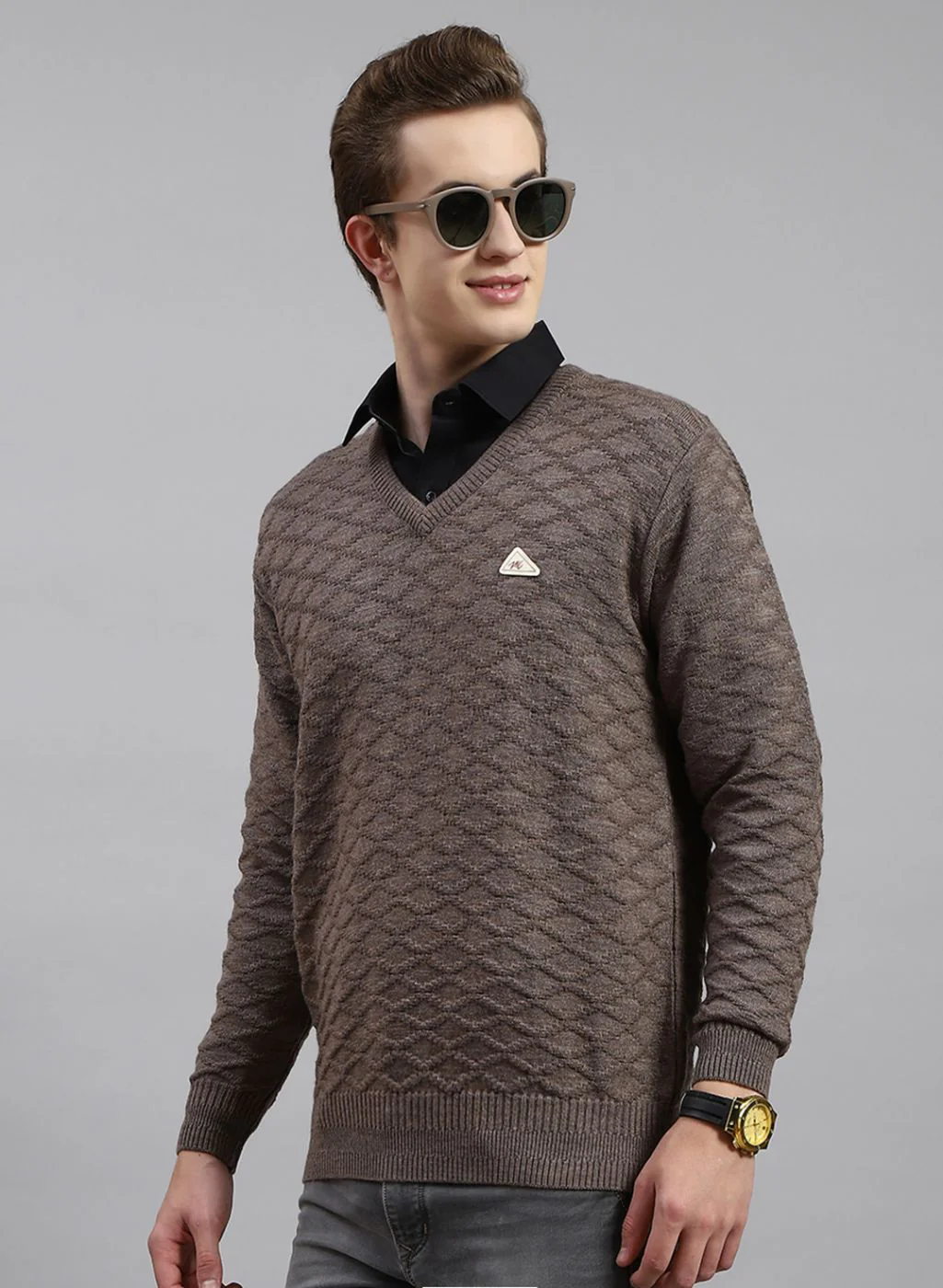 Men Beige Self Design Wool blend Pullover - Image 3