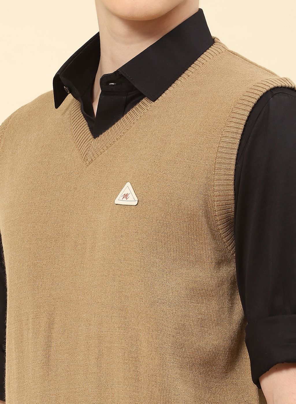 Men Beige Solid Blend wool Sweater - Image 6
