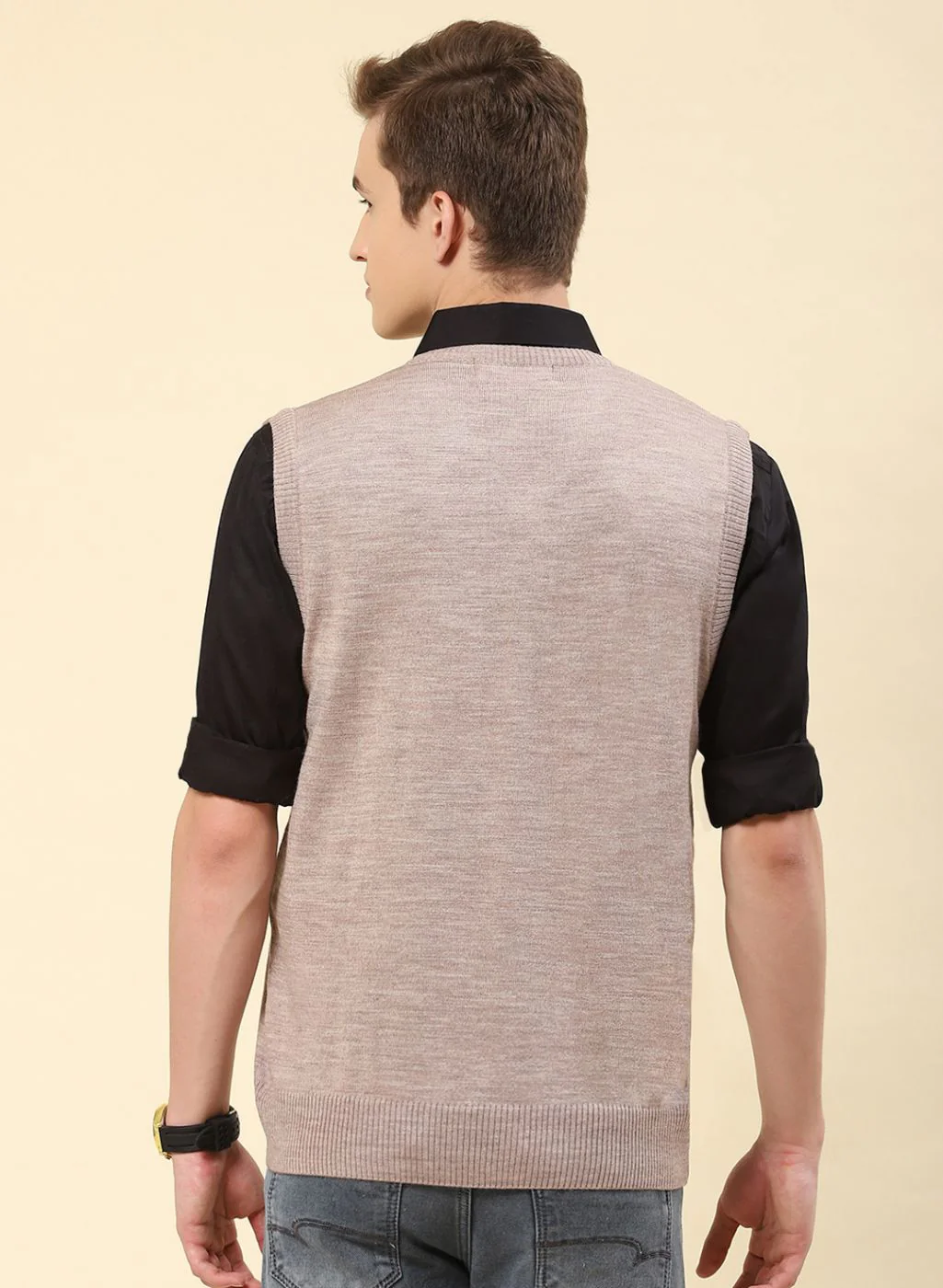 Men Beige Solid Blend wool Sweater - Image 5