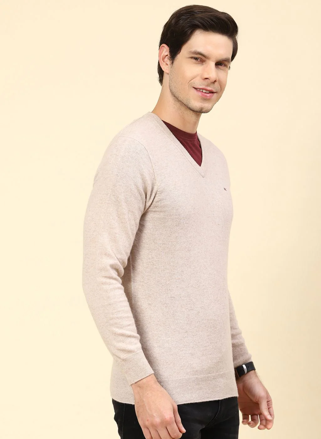 Men Beige Solid Lamb wool Pullover - Image 4