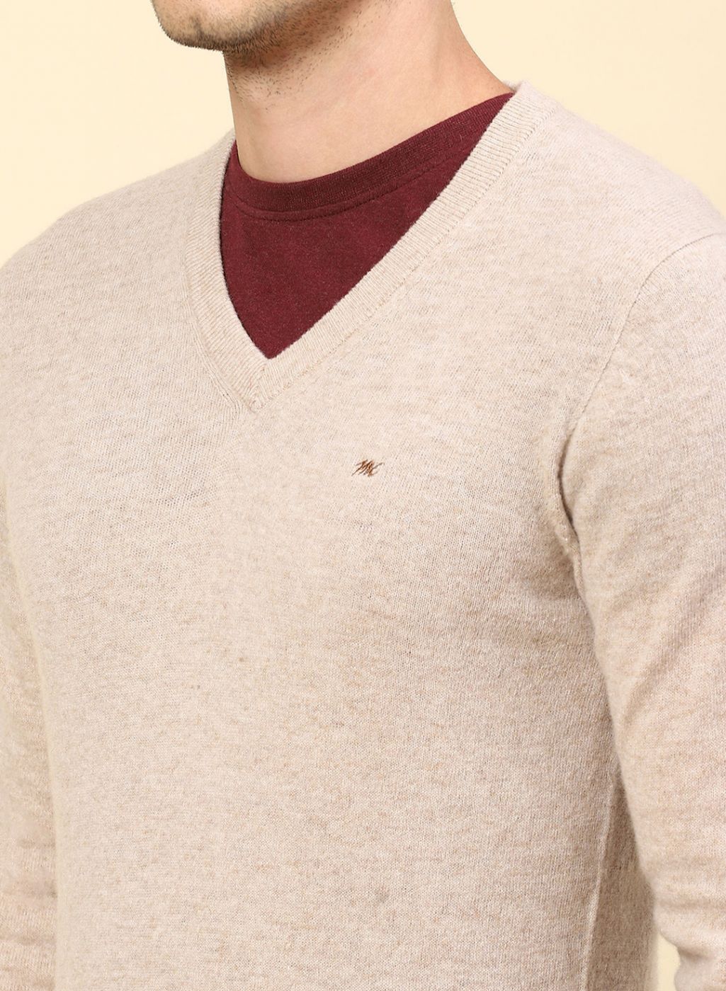 Men Beige Solid Lamb wool Pullover - Image 6
