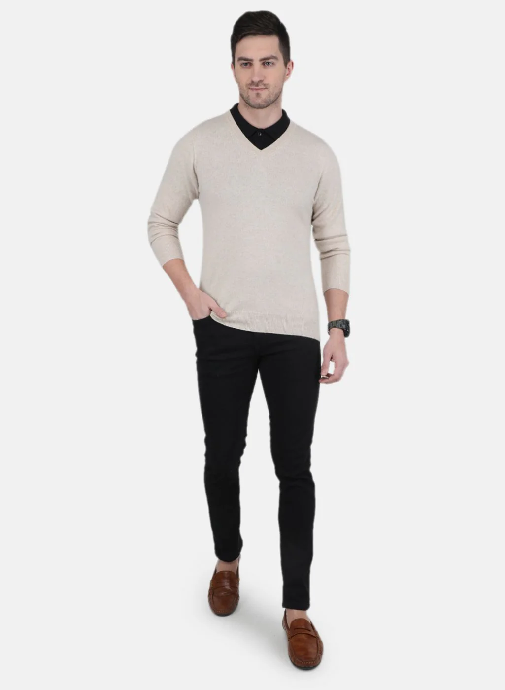 Men Beige Solid Pullover - Image 4