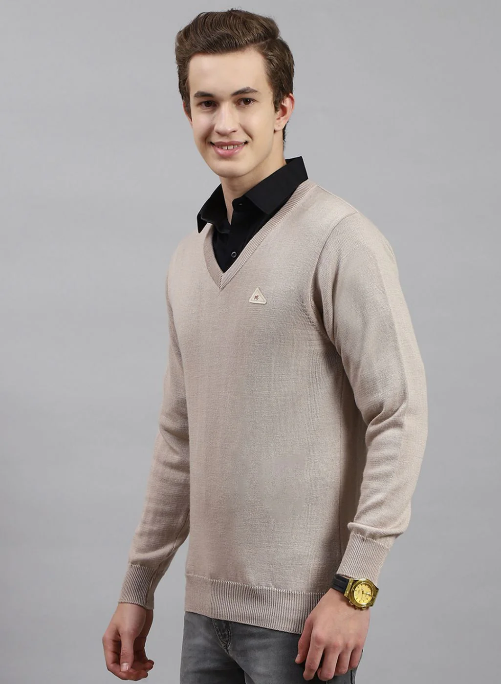 Men Beige Solid Pure wool Pullover - Image 3