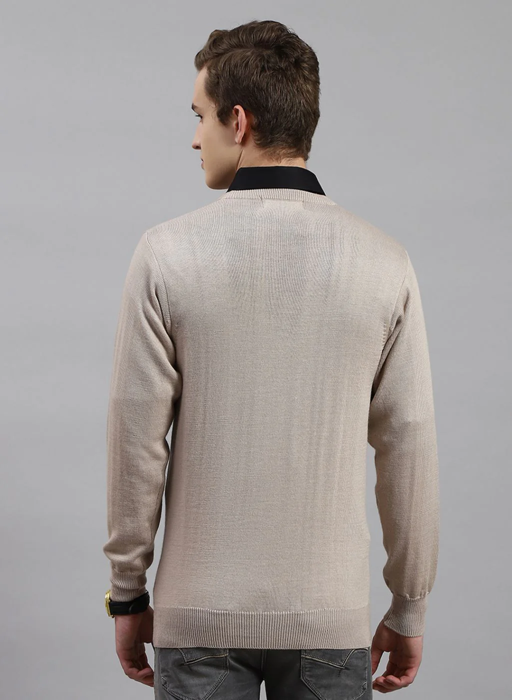 Men Beige Solid Pure wool Pullover - Image 5