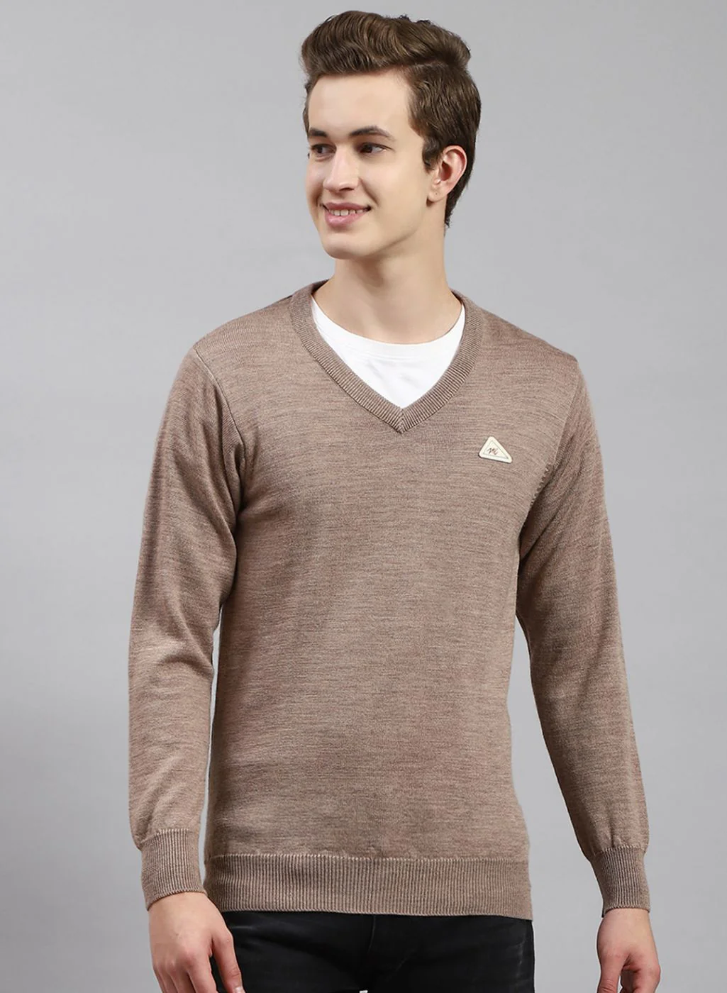 Men Beige Solid Pure wool Pullover - Image 2