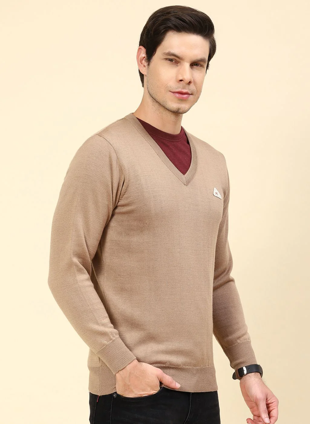 Men Beige Solid Pure wool Pullover - Image 4