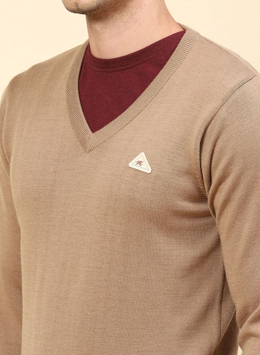 Men Beige Solid Pure wool Pullover - Image 6