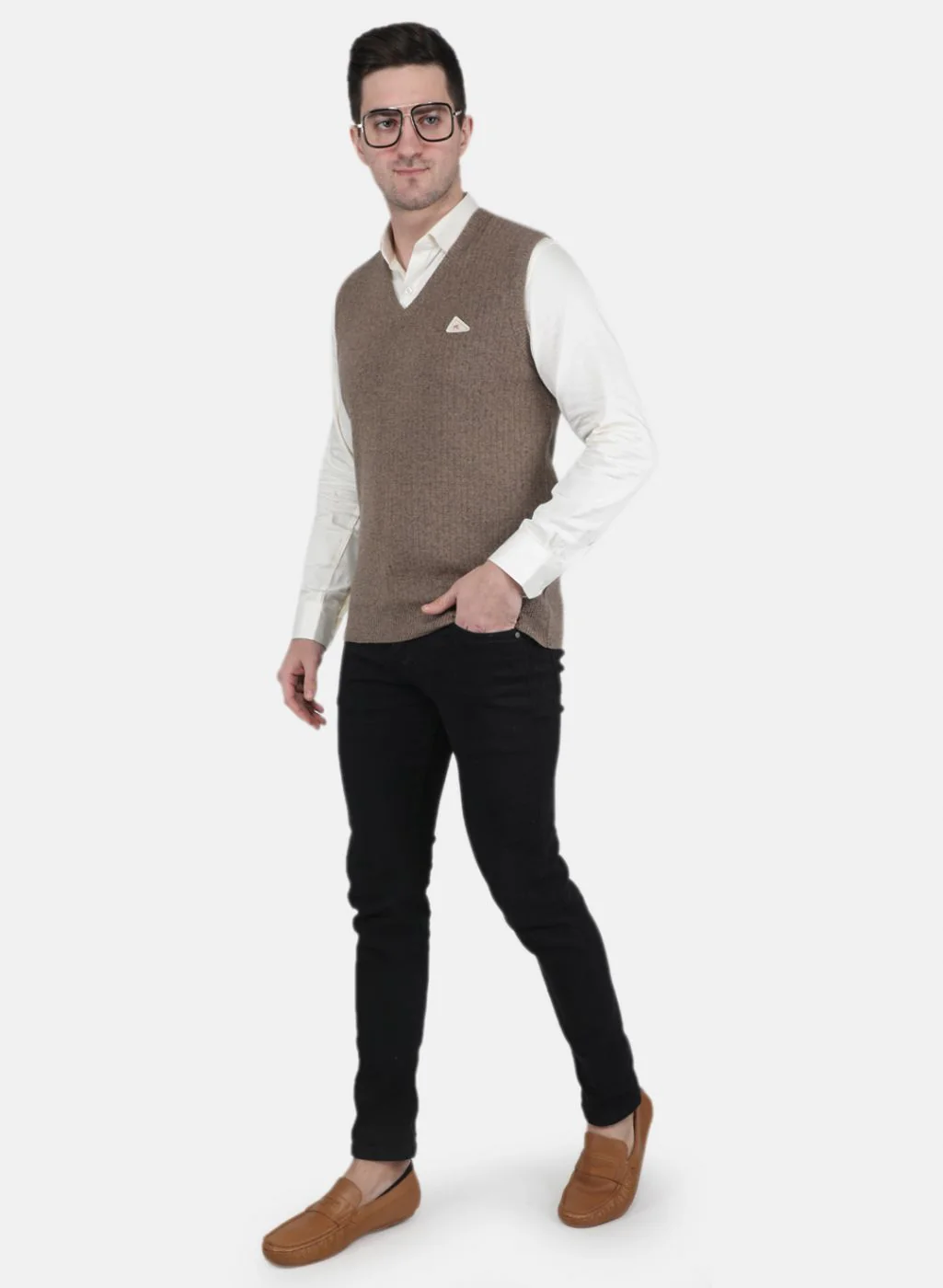 Men Beige Solid Sweater - Image 4