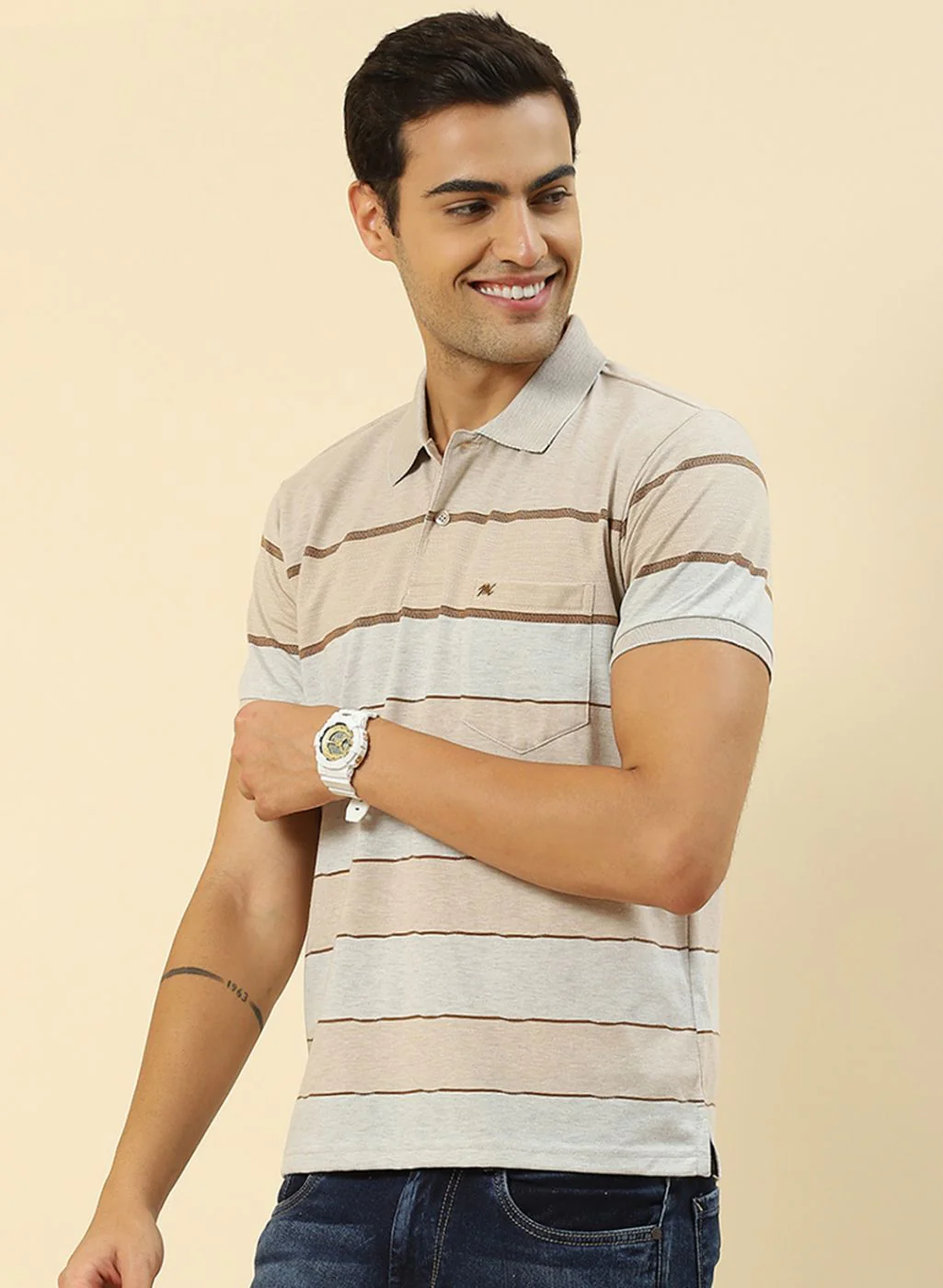 Men Beige Stripe T-Shirt - Image 2