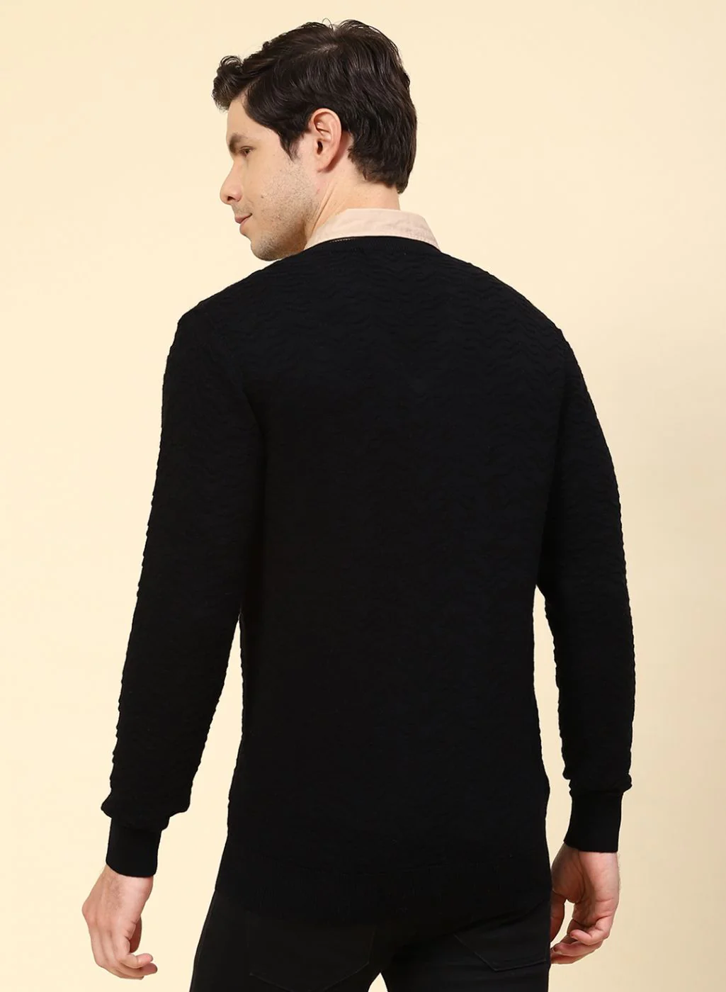 Men Black Self Design Pure wool Pullover - Image 5