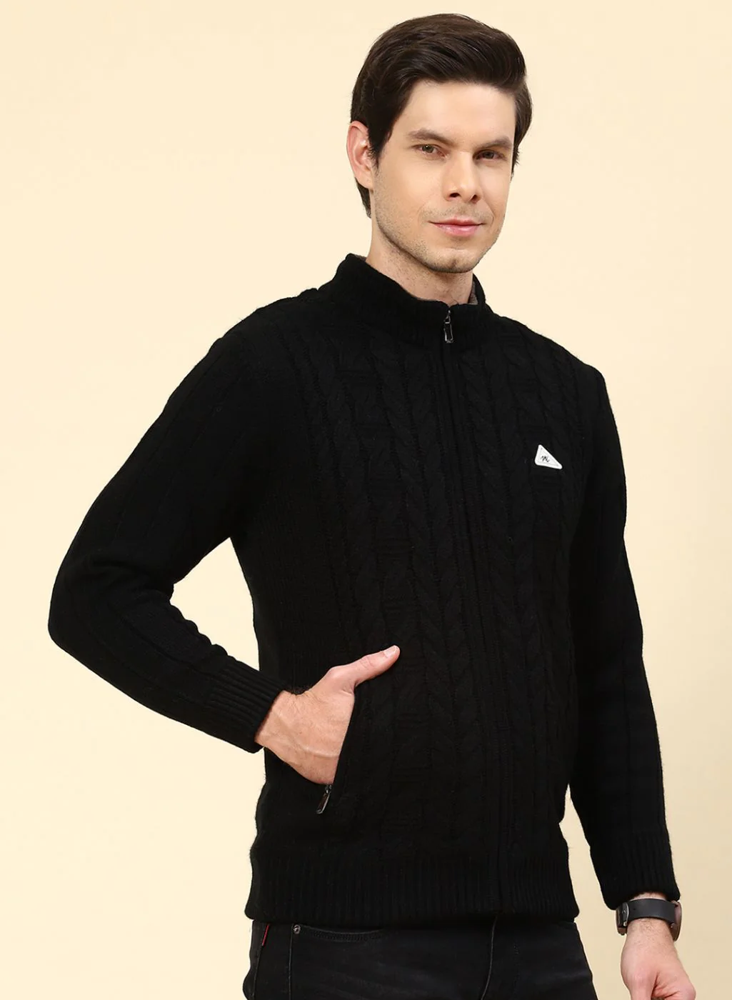 Men Black Self Design Wool blend Jacket - Image 4