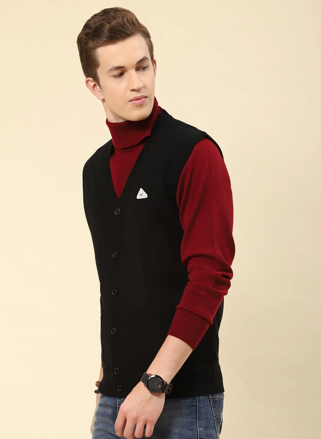 Men Black Solid Blend wool Cardigan - Image 3
