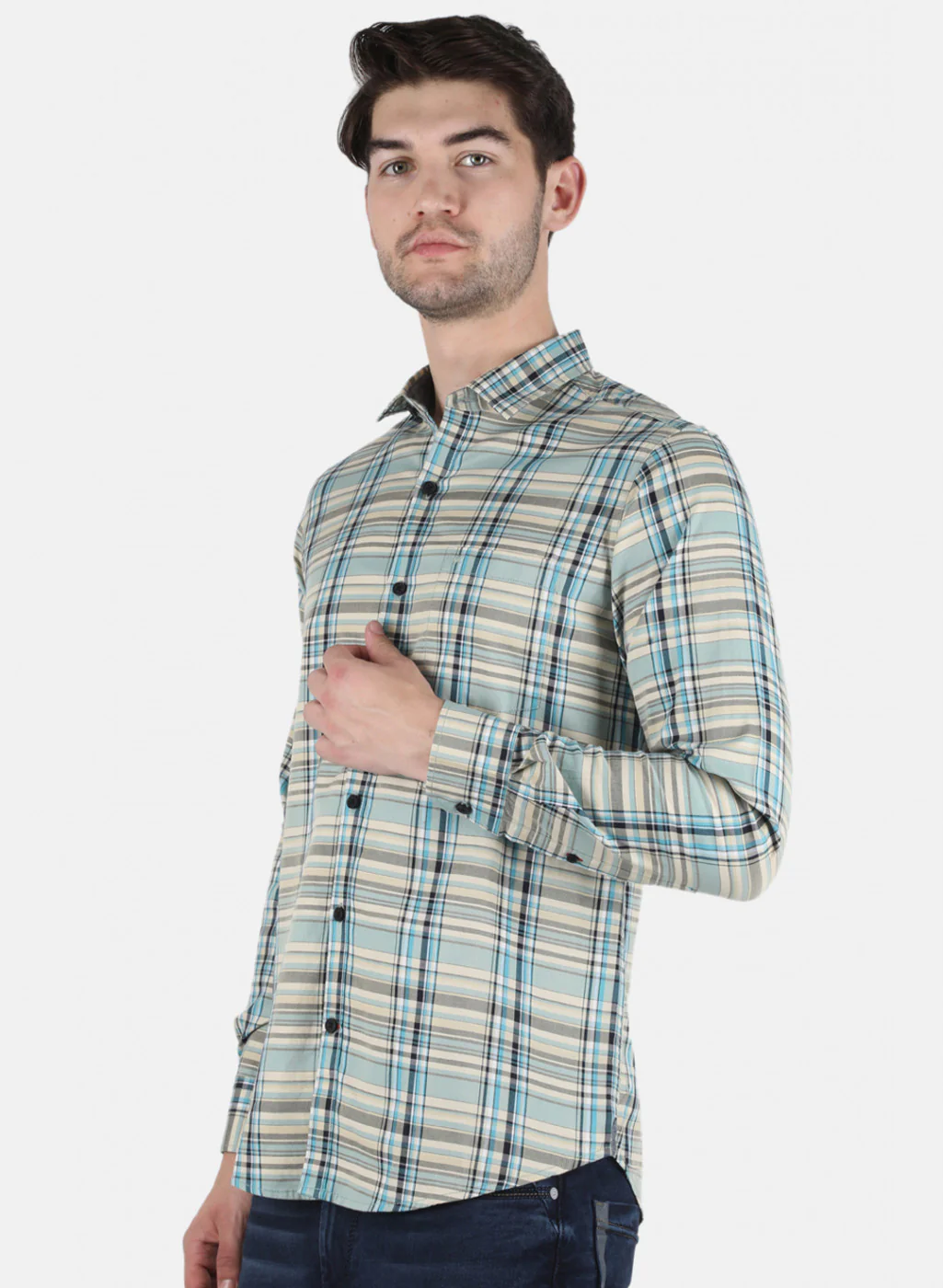Men Blue Check Shirt - Image 2