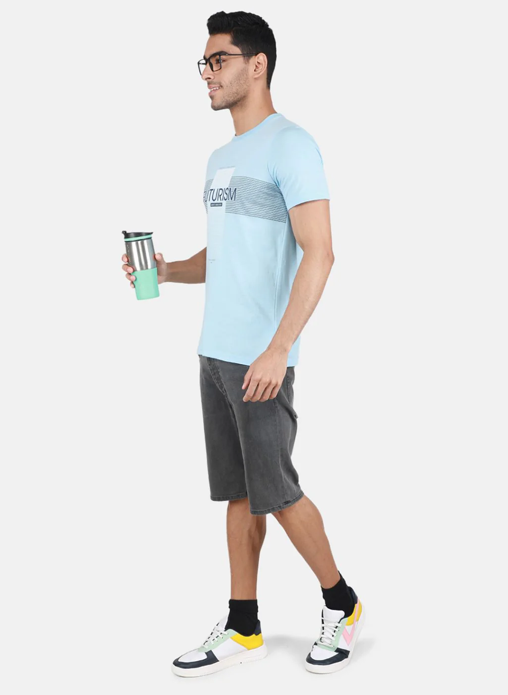 Men Blue & Grey Solid T-Shirt - Image 5